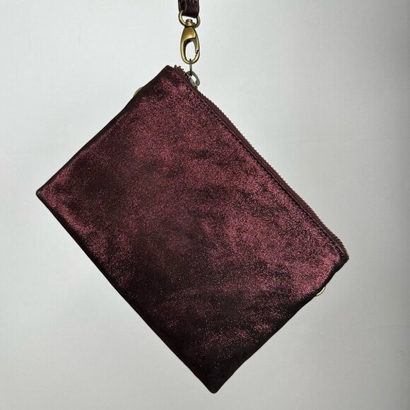 Anthropologie Women’s Maroon Leather Metallic Wristlet Small 5.5" X 7.5" - Picture 2 of 16